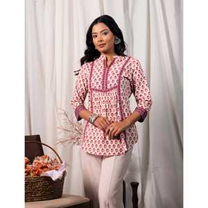 Blusa de Algodón Blanca y Rosa para Mujer, Estampada a Mano, con Cuello Asimétrico, Larga, con Bordado Floral, Tela Popelina, Talla XL - Product Image 1