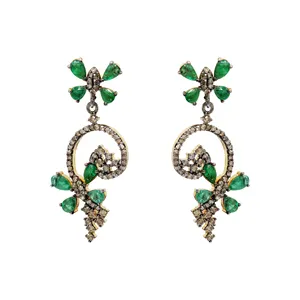 ハロウィーンの花のイヤリング、女性のためのクラシックなエメラルドとダイヤモンドのイヤリング、925スターリングシルバーの手作りジュエリー