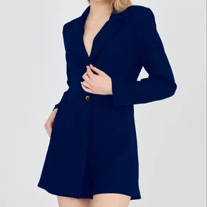 Màu xanh Áo khoác chi tiết quần short áo khoác nút chi tiết Jumpsuit mini kích thước dây kéo chi tiết