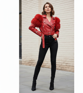 High Quality Women's Motorcycle Leather Jacket Dyed Finish Embroidery Pearls <b>Polyester</b>/Faux Fur Lining Viscose Lining Option - Product Image 4