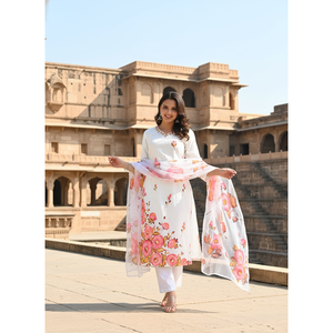 <b>White</b> & Peach Floral Hand Painted Chiffon Kurta <b>Trousers</b> Organza Dupatta Mirror <b>Work</b> Muslin Fabric Elegant Traditional Outfit - Product Image 1