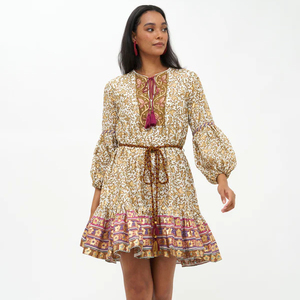 Dernier modèle de mini robe goutte ballon imprimée en pur coton avec bloc à la main avec ceinture assortie style pull-over manches ballons élastiques - Product Image 1