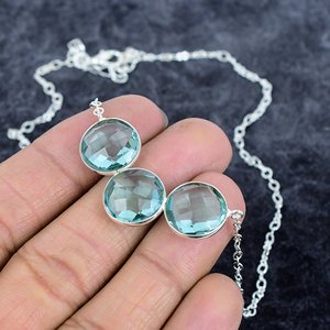 Topaze bleue forme ronde trois pierres précieuses 925 collier plaqué argent pour les femmes collier chaîne délicate collier bohème cadeaux pour elle - Product Image 3