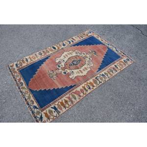 Clásico azul Beige 3,4X5,6 pies alfombra turca hecha a mano Rectangular Patchwork diseño lana poliéster látex para sala de estar dormitorio - Product Image 3