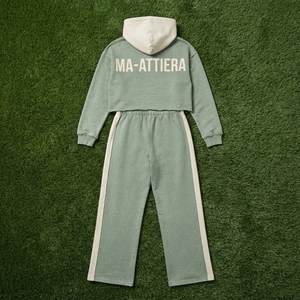 Custom <b>Women</b> Sage Green Acid Wash Cropped Hoodie Wide Leg <b>Jogger</b> Set Cotton <b>Fleece</b> Streetwear Tracksuit OEM - Product Image 5