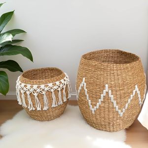 Ensemble de 2 grands paniers de rangement tissés à la main en jonc de mer décoratifs bacs à linge tissés couverture serviettes salon chambre Organisation - Product Image 2