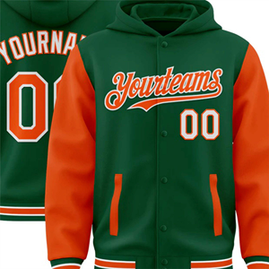 เสื้อแจ็คเก็ตบอมเบอร์แบบมีฮู้ดผ้าฟลีซสองสีสำหรับผู้ชาย ผลิตตามแบบ OEM สีเขียว/ส้ม-ขาว 100% โพลีเอสเตอร์ ติดกระดุมแบบเต็มตัว สไตล์วาร์ซิตี้ เลตเตอร์แมน - Product Image 6