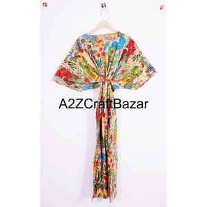 Bata Larga de Algodón Indio para Mujer con Estampado Floral Digital, Cuello en V, Cinturón, Mangas Tres Cuartos, Lavable a Máquina, Diseño Y2K - Product Image 5