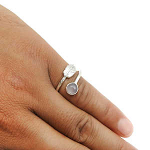 Bague ouverte en argent sterling 925 pur, tempérament artistique, bague à plumes, argent pur coréen, bijoux bohèmes avec pierre précieuse en quartz rose - Product Image 4