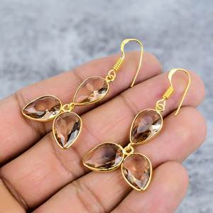 Morganite Three Gemstone Pear Shape 925 Sterling Silver Gold Plated Dangle Drop Earring <b>for</b> Women Handmade Earrings <b>Gift</b> <b>for</b> <b>Her</b> - Product Image 3