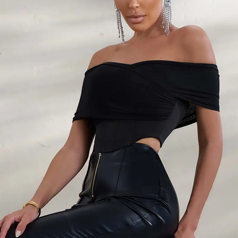 Female Black Crepe Corset Ladies Sleeveless Feather Tube Backless Wholesale High Quality Mesh Custom Fashion Plain Crop Top