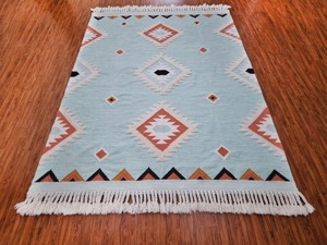 Alfombra de Tejido Plano de Lana y Acrílico con Patrón Geométrico, Rectangular, Estilo Bohemio, Hecha a Mano para Sala de Estar y Uso Doméstico - Product Image 1
