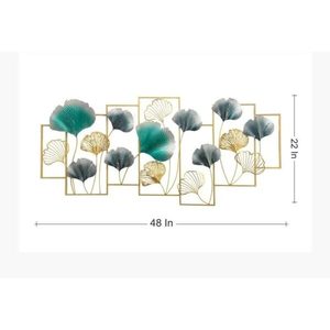 Décoration murale rectangulaire en métal abstraite florale avec des cadres de feuilles de Ginkgo 48x22 ou 96x48 pouces - Product Image 3
