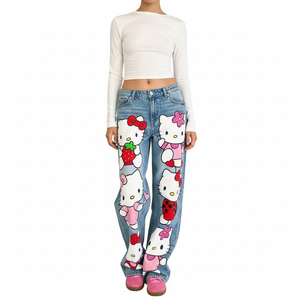 Jeans en denim décontractés pour femmes, style streetwear Y2K, respirants, imprimés de dessins animés, coupe ample, jambes larges, pantalons tendance, fabricant OEM - Product Image 1