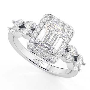 Bague de fiançailles pour femme avec halo de diamants taille émeraude et accents - Product Image 2