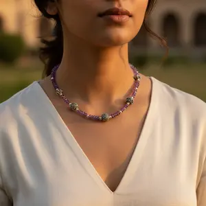 Collar de Cuentas de Amatista con Detalles en Oro y Oro Rosa, Chapado en Oro y Rodio, Estilo Religioso, Regalo para Mujer - Product Image 1