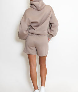 Sudadera con capucha y pantalones cortos con cremallera verde de alta calidad, conjunto de 2 piezas, sudaderas con capucha de hombro caído para mujer, ropa de calle informal, conjunto de chándal de 2 piezas - Product Image 6