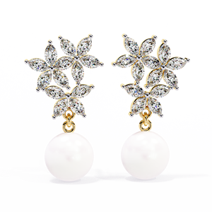 Pendientes de Oro Sólido de 22K con Perlas Florales en Cascada y Diamantes Naturales de 2.39ct - Color GH Claridad SI Certificado por IGI Para Fiestas y Regalos - Product Image 1