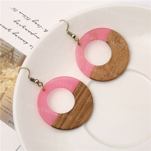 Boho Style Two-Tone Resin Natural Wood Geometric Huggie Trendy Silver Plated Handmade Fashion Earrings for Women - Product Image 3
