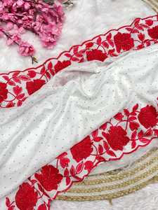 Best Selling Indian Bollywood Look Red White Fancy Ethnic Wear Vichitra Silk Saree Más de moda Exportación Última blusa Exclusiva - Product Image 4