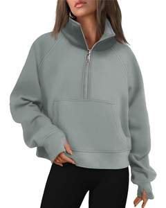 Sudadera con Capucha de Forro Polar con Media Cremallera Gris Cielo para Mujer, Sudadera Holgada y Cálida con Bolsillo Tipo Canguro, Sudadera Informal de Invierno, Ropa Urbana - Product Image 1