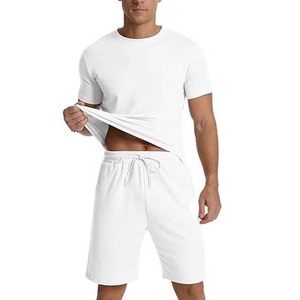 Two Pieces <b>Lounge</b> Wear for <b>Men</b> Private Label Contrast Color <b>Short</b> Sleeve Summer <b>Shorts</b> and T Shirts Sets 100%Cotton Polyester - Product Image 4