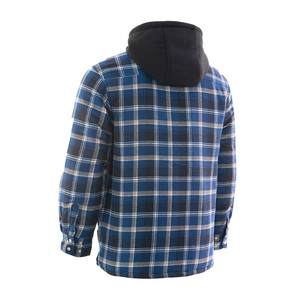 Wholesale Unisex Oversized Long Sleeve Blue Hooded Sherpa Lined <b>Flannel</b> Shirt <b>Jacket</b> for Men - Product Image 2