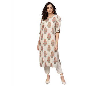 Kurta droit à manches 3/4 en coton beige avec travail de sequins Yash Gallery pour femmes, chemisiers et chemises - Product Image 2