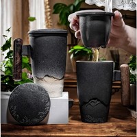 Tasse à café en céramique avec poignée et couvercle, style chinois, glaçure mate dégradée, tasse de bureau, cadeau de déménagement, décoration zen/méditation