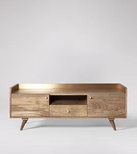 Holz 2-Schubladen-1-Tür Fernsehschrank natürliche Muster-Finish runde Beine glatte Kanäle mit Mangolund Messingplattierung Design-Einheit