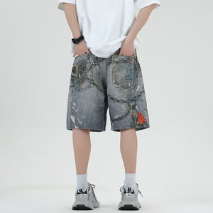 "men's <b>shorts</b> <b>High</b> Street Vintage Washed Denim <b>Shorts</b> Breathable Mid <b>Waist</b> Casual Straight <b>Jeans</b> Button" - Product Image 4