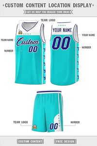 Conjunto de Uniforme de Baloncesto Personalizado Unisex Azul Turquesa Cuello en V Sin Mangas Malla Transpirable Impresión Sublimada Número 00 Uniforme de Equipo - Product Image 3
