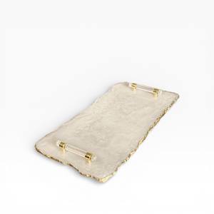 Plateau de service rectangulaire en agate naturelle avec motif de cristal linéaire et poignées en argent brossé - Product Image 5