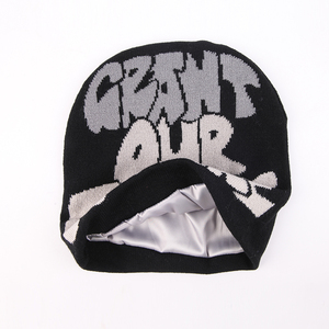 หมวกบีนนี่ผ้าซาตินสำหรับผู้ชายหมวกบีนนี่ไหมถักโลโก้ผ้าแจ็คการ์ดตามสั่ง - Product Image 3