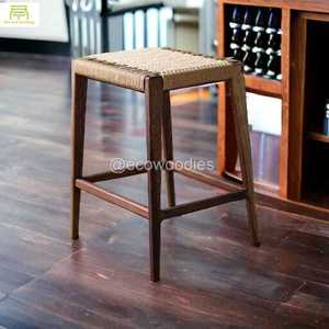 Taburete otomano de madera Natural ecológico, taburete de madera para entrada, taburete otomano de punto con cuerda de algodón, consola con incrustaciones de hueso - Product Image 1