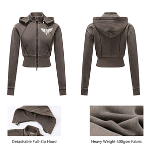 เสื้อมีฮู้ดสำหรับผู้หญิงซิปรูดแบบวินเทจซักได้ตามต้องการ - Product Image 3