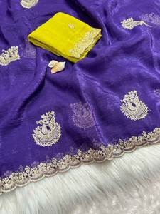 Paon Travail Lourd Fantaisie Broderie Pur doux croquant Tissu Beau Saree Avec Contraste Blouse Pièce Pour Mariage Spécial - Product Image 4