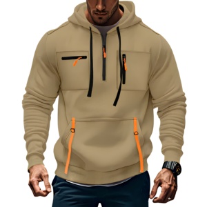 Sweat-shirt à capuche mi-zippé kaki pour homme avec plusieurs poches, fermeture éclair orange, vêtement décontracté pour l'extérieur, coupe classique, style automne - Product Image 1