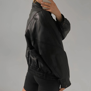 Chaqueta negra atlética de gran tamaño para mujer, chaqueta de cuero negro de corte recto para mujer, chaquetas de piel de oveja auténtica para mujer - Product Image 3