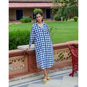 Vestido Camisero Clásico Color Índigo, Elegante Estilo Chino, Cuello Halter, Transpirable, Talla XL, para Usar en el Día, Club, Oficina, Fiesta, Temporada de Primavera - Product Image 1