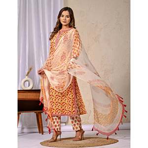 Yellow Floral Design <b>Block</b> <b>Printed</b> Cotton Anarkali Suit Latest Ethnic Salwar with Net Fabric for Party Wear Special Occasions - Product Image 6