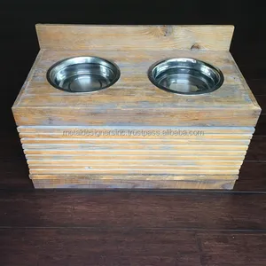 Wooden blue washed Crate style Tall double diner dog feeder steel bowls pet feeder raised wooden dog crate stand feeder
