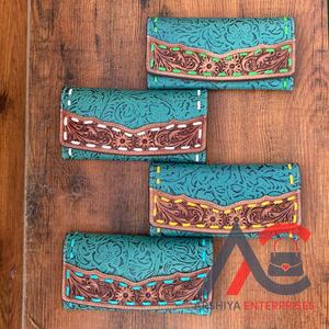 Nouveau design usiné à la main sculpture portefeuille en cuir pochette coque de téléphone carte élégant couleur Turquoise portefeuille multi-usages cuir occidental - Product Image 1