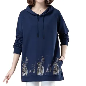 Cotton Loose Fitting Sweater Female Korean Version Hooded Drawstring Autumn Winter New Style Printed Mid Length Top for Women