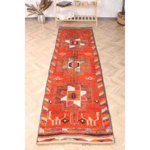 Vintage Turkish <b>Rug</b>, 2.8x10 ft <b>Runner</b> <b>Rug</b>, Orange Brown Check Wool <b>Rug</b> - Product Image 1