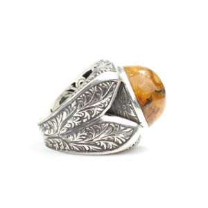 925 Sterling Silver Men's <b>Ring</b> with Round <b>Turquoise</b> Amber Stone Bezel Setting Rhodium Plating Fine Jewelry for Everyday Wear - Product Image 3