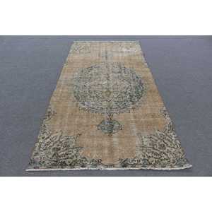 Turkish Rug, 4.4x8.5 ft Area Rug, <b>Brown</b> Bordered <b>Wool</b> Vintage Rug - Product Image 1