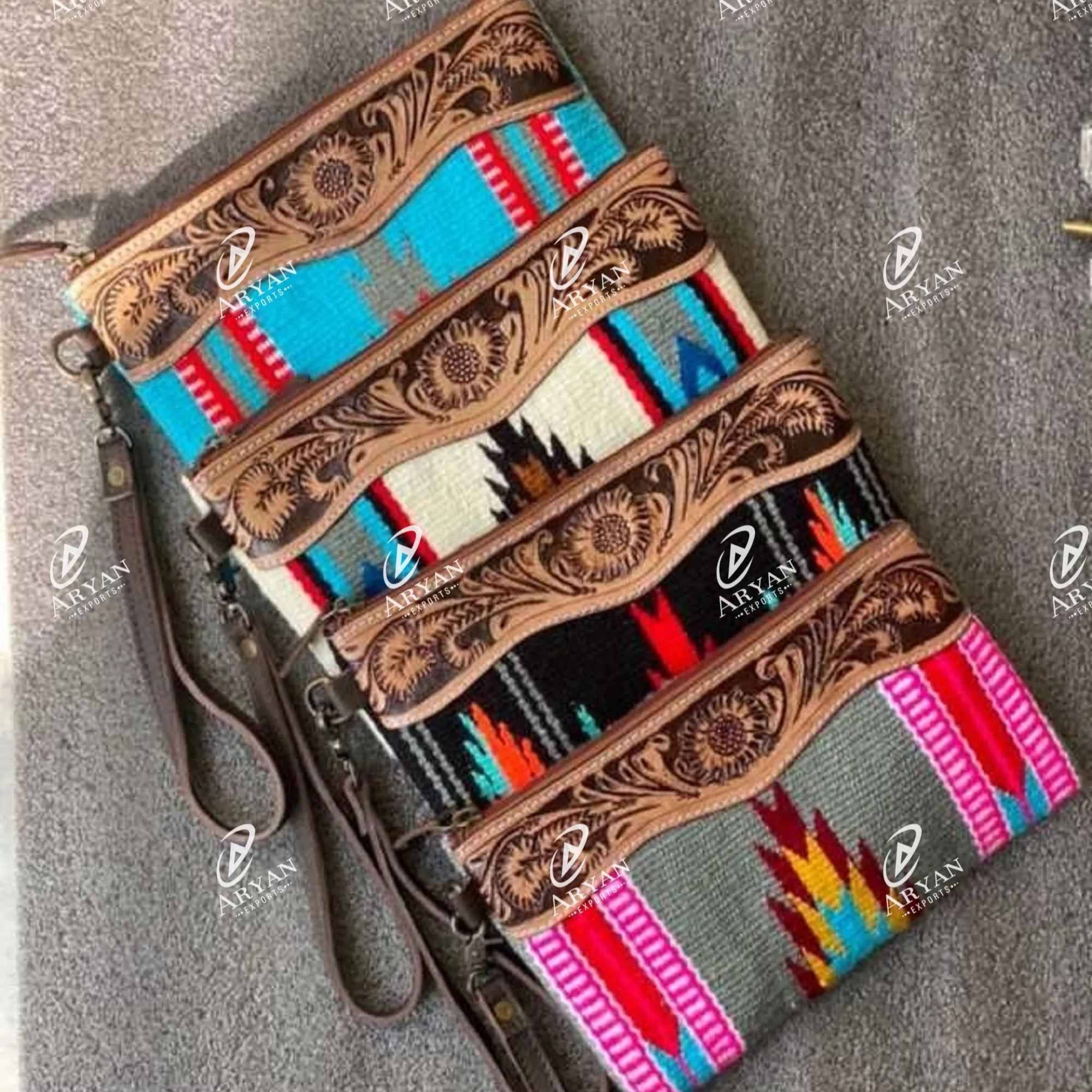 New Stylish Western Aztec Tooled Leather Wristlet Clutch Vintage Brown Tooling Purses Unique Aztec Quilted Leather Wristlet Bag