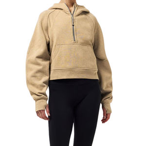 Sweat-shirt à capuche pour femme, coupe courte, demi-zip, en molleton épais polyester/coton, avec trous pour les pouces, surdimensionné, uni, avec badge - Product Image 4