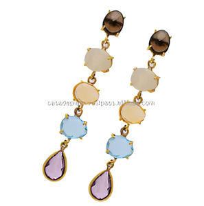 Pendiente chapado en oro de Plata de Ley 925, cuarzo ahumado, piedra lunar arcoíris, Cuarzo Rosa, Topacio Azul, amatista, pendiente de piedras preciosas. - Product Image 3
